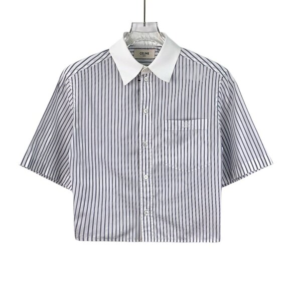 DW0620 Celine Blue Striped Cotton Lapel Single-Breasted Short-Sleeved Shirt 34 X - Picture 1 of 8